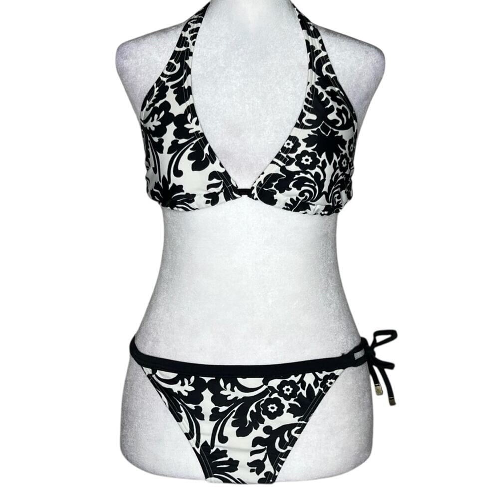 Tommy Bahama String Bikini 2 Piece Set Black White Floral Size XS